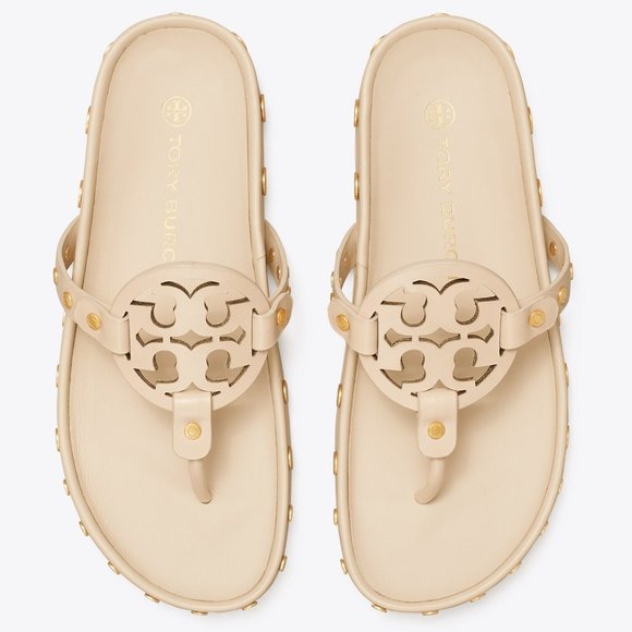 Tory Burch Miller  LAST ONES!  Cloud Coin Thong Sandals New Cream Ivory Leather - Picture 2 of 11